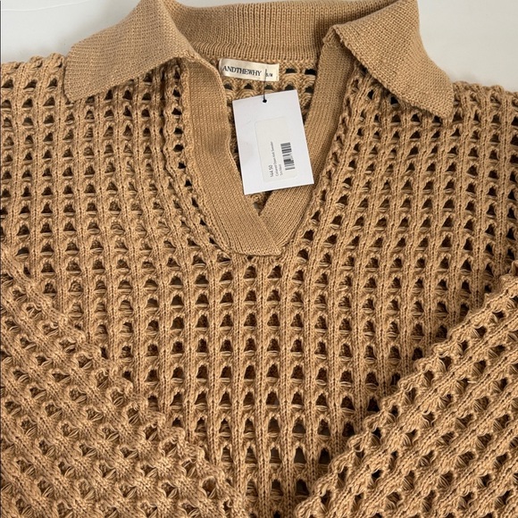 Andthewhy tan collared open knit long sleeve vneck sweater - Picture 16 of 16